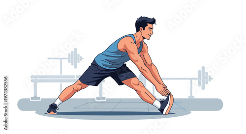 An athletic man performs a post-workout stretch to improve flexibility and aid recovery, presented in a clean flat design illustration