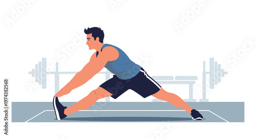 An athletic man performs a post-workout stretch to improve flexibility and aid recovery, presented in a clean flat design illustration
