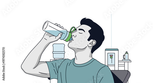 An athletic man takes a refreshing break to hydrate with water during his gym workout, illustrated in a vibrant flat design style
