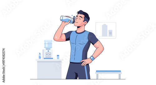 An athletic man takes a refreshing break to hydrate with water during his gym workout, illustrated in a vibrant flat design style