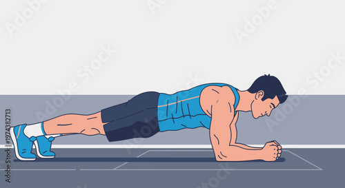 This flat design illustration shows an athletic man maintaining a perfect plank position, emphasizing core strength and stability during his gym workout
