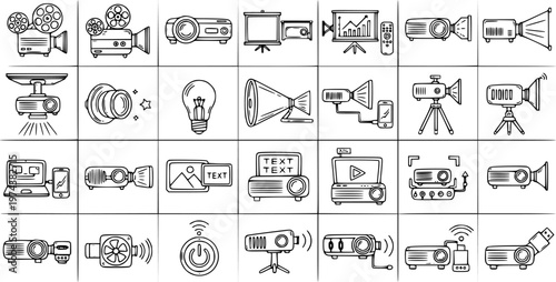 Technology Multimedia Projectors Line Art Icons. Hand-drawn outline doodle set of projection devices, film cameras, and presentation equipment for business  education.