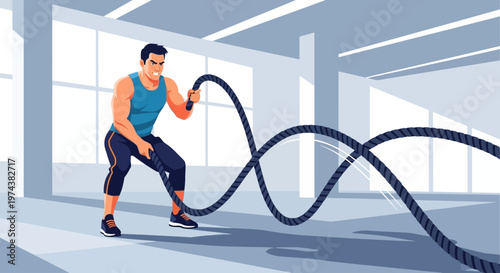 An athletic man engages in an intense, full-body conditioning workout using battle ropes, rendered in a dynamic flat design illustration