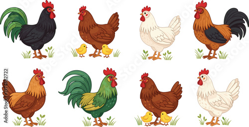 Farm Chicken and Rooster Collection Vector Illustration with Hens Chicks Poultry Birds for Agriculture Farming and Animal Design Projects