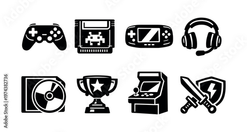 Set of retro gaming icons, video game elements, black and white silhouette vector illustrations