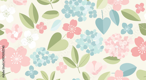 Soft Pastel Floral Pattern with Hydrangeas and Cherry Blossoms.