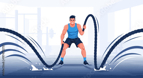 An athletic man engages in an intense, full-body conditioning workout using battle ropes, rendered in a dynamic flat design illustration