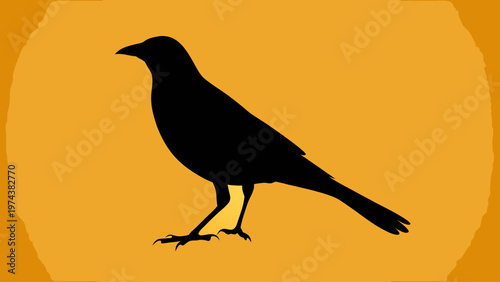 A solitary, sleek black bird silhouette stands in quiet contemplation, captured in a classic profile pose against a softly textured, gradient background of warm yellow and orange hues.