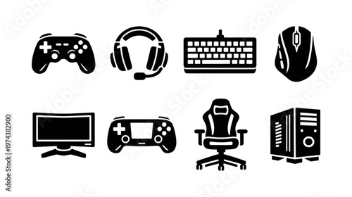 Gaming equipment icons including headset gamepad keyboard and chair silhouette vector set