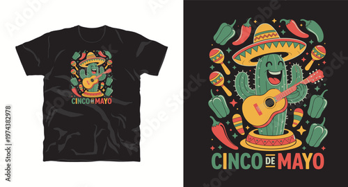 Happy cactus musician playing guitar for cinco de mayo celebration festive t shirt illustration.