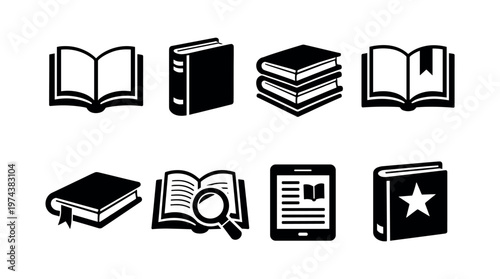 Set of educational book icons including open books e-reader magnifying glass silhouette vector illustrations