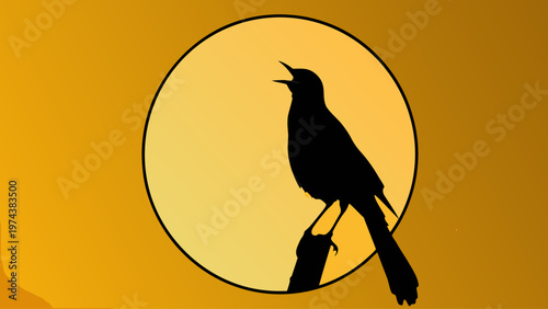 A melodious black bird silhouette, beak open in song, perches confidently on a small post within a pristine black circle, set against a glowing golden sun, celebrating nature's voice and joy.