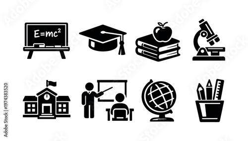 Educational vector icons illustration blackboard microscope books globe school silhouette