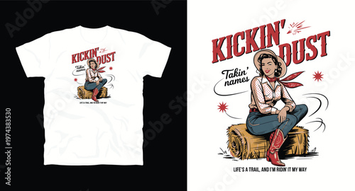 Retro pinup cowgirl sitting on hay bale with kickin dust typography.
