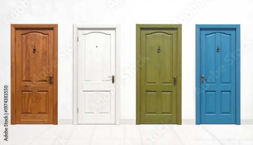 A row of four closed doors in different colors on a white wall