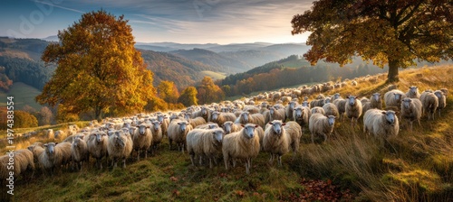 A large flock of sheep grazes on a lush grassy hillside during a golden autumn sunset, surrounded by vibrant orange trees and rolling mountains.
