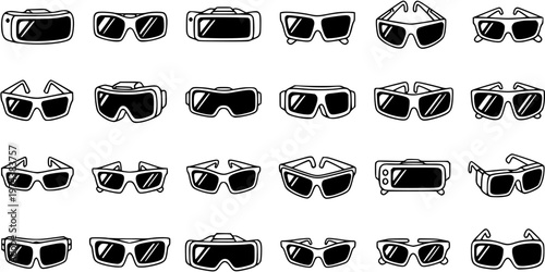 Technology Eyewear Black and White Line Art Icons Set: Glasses, Goggles, and Virtual Reality Headsets