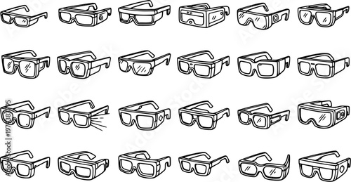Collection of Technology and Vision Eyewear: Black and White Hand-Drawn Line Art Icons for VR, AR, 3D Glasses, and Protective Goggles