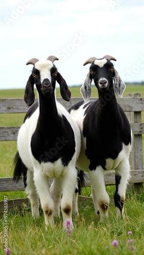 Majestic Black and White Nubian Goats Standing in Pastoral Farm Scene