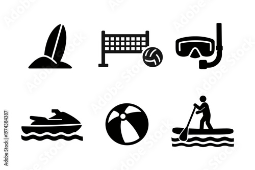 Beach water activities solid black icon set vector illustration