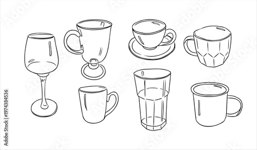 Line art illustration of various drinkware including wine glass, coffee cup, teacup, and tumbler arranged in a row on a white background