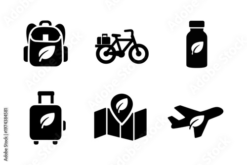 Eco travel solid black icon set vector illustration