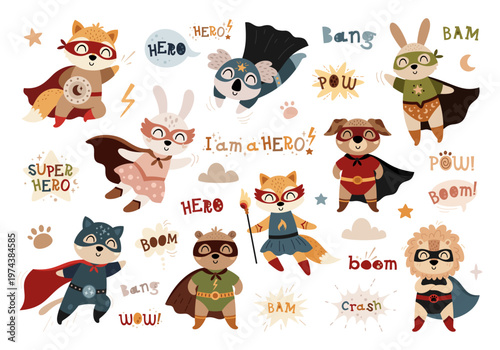 Cute Superhero Animals Cartoon Collection with Bear, Fox, Rabbit, Cat, Dog, Koala and Lion in Capes and Masks. Super Hero Characters Images. Kids Vector Clipart Set.