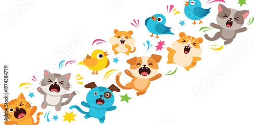Cute Angry Animals Cartoon Vector Set Featuring Cats Dogs Birds and Hamsters with Funny Expressions and Emotion Effects Collection