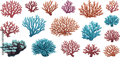 Coral Reef Elements Vector Set Featuring Various Marine Coral Shapes Colorful Underwater Botanical Forms and Ocean Decoration Collection