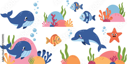 Cute Underwater Sea Animals Vector Set Featuring Whale Dolphin Fish Starfish Coral Reef and Ocean Cartoon Elements Collection