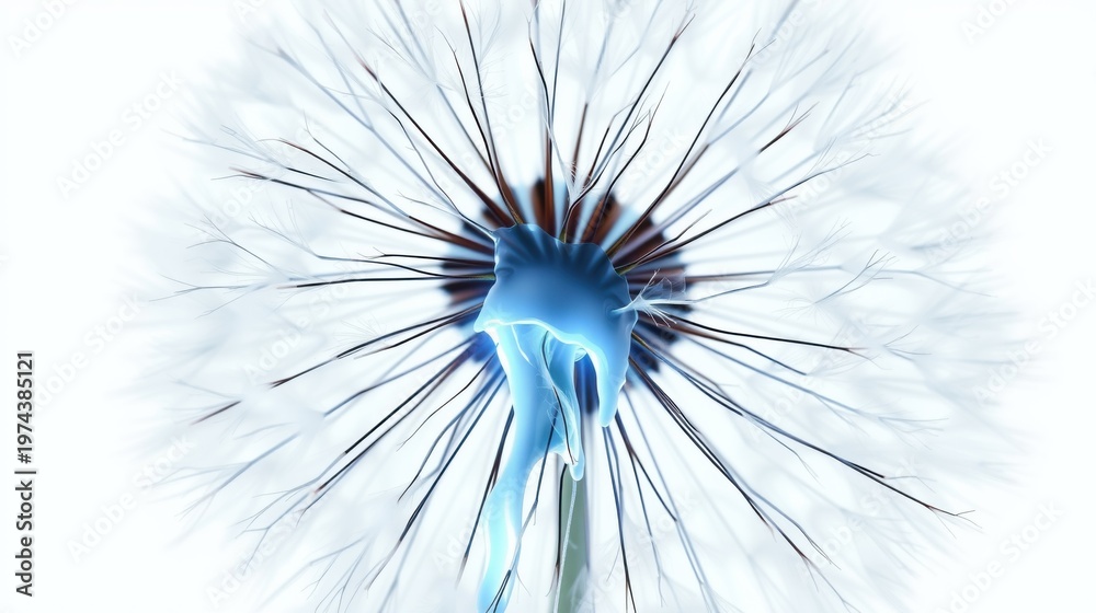 Naklejka premium Dandelion seed head, delicate structure, soft white plumes radiating outward. Blue tint present, simple background, closeup view.