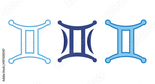 Three stylized Gemini zodiac constellation symbols in varying shades of blue on a white background