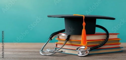 The Graduation Cap and Stethoscope on Medical Books Representing Healthcare Education and Success