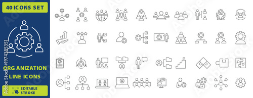 Organization line icons set, 40 business management and teamwork vector symbols, corporate structure and human resources outline icons