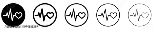 A set of round heartbeat and pulse icons with different stroke weights. Medical electrocardiogram symbol for heart health monitoring and cardiology. Vector illustration.