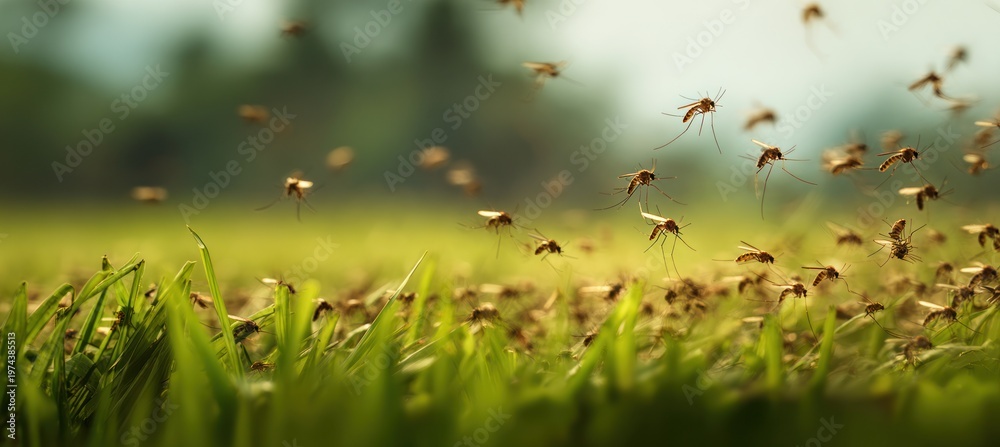 Fototapeta premium A large swarm of mosquitoes flies over vibrant green grass in a field during sunset. The macro view highlights the insects hovering in nature.