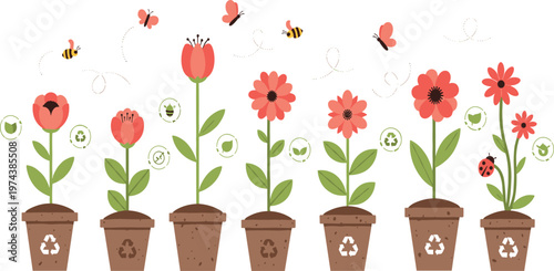 Eco Friendly Gardening Vector Set Featuring Potted Flowers Bees Butterflies Recycling Symbols and Sustainable Plant Care Illustration Collection