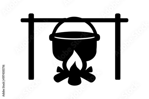 Campfire cooking pot icon solid black icon vector illustration