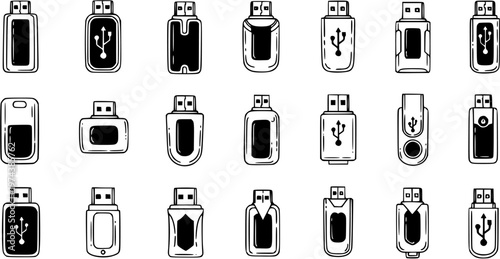 Black and White Line Art Icons of USB Flash Drives, Technology Storage Devices