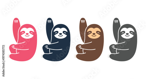 Four cute cartoon sloths in different colors hanging upside down with a friendly smile