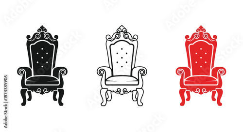 Three ornate royal thrones in black, white, and red, representing power, authority, and regal status