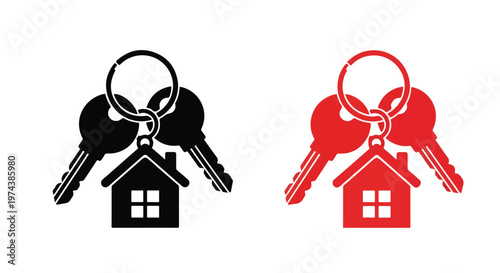 Two sets of house keys with keychains shaped like a home, one black and one red, isolated on white background