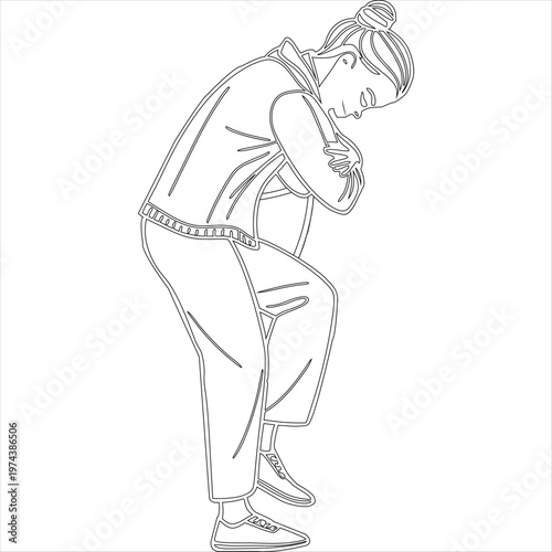 Line art illustration of a woman sitting down and leaning forward with her arms crossed