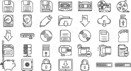 Black and White Line Art Icons: Technology and Data Storage Devices
