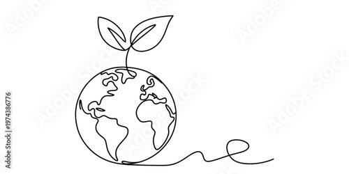 A single continuous line drawing of the earth globe featuring a sprouting plant on its top side