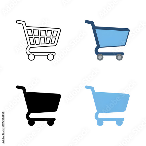 Shopping cart icons, e-commerce symbols, black, blue, line style