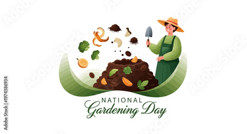 A whimsical vector illustration celebrating National Gardening Day, featuring a gardener composting organic waste with gardening tools, set against a clean white background in a cheerful
