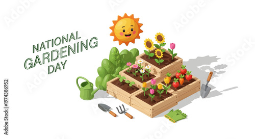 Isometric vector art celebrates National Gardening Day, showing tiered wooden planters filled with flowers and vegetables, accompanied by a cheerful sun and gardening tools against a clean
