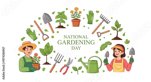 Cheerful vector art celebrates National Gardening Day, depicting a diverse array of gardening tools and smiling gardeners planting flowers against a clean white background