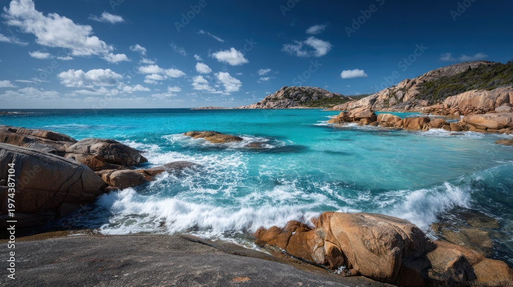 Fototapeta premium Turquoise ocean waves crash against massive granite boulders on a pristine tropical beach under a bright blue sky. This coastal landscape is serene.